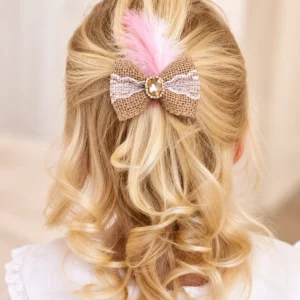 Jute strik roze mini voor kinderen met wit kant, gouden siersteen en roze veer