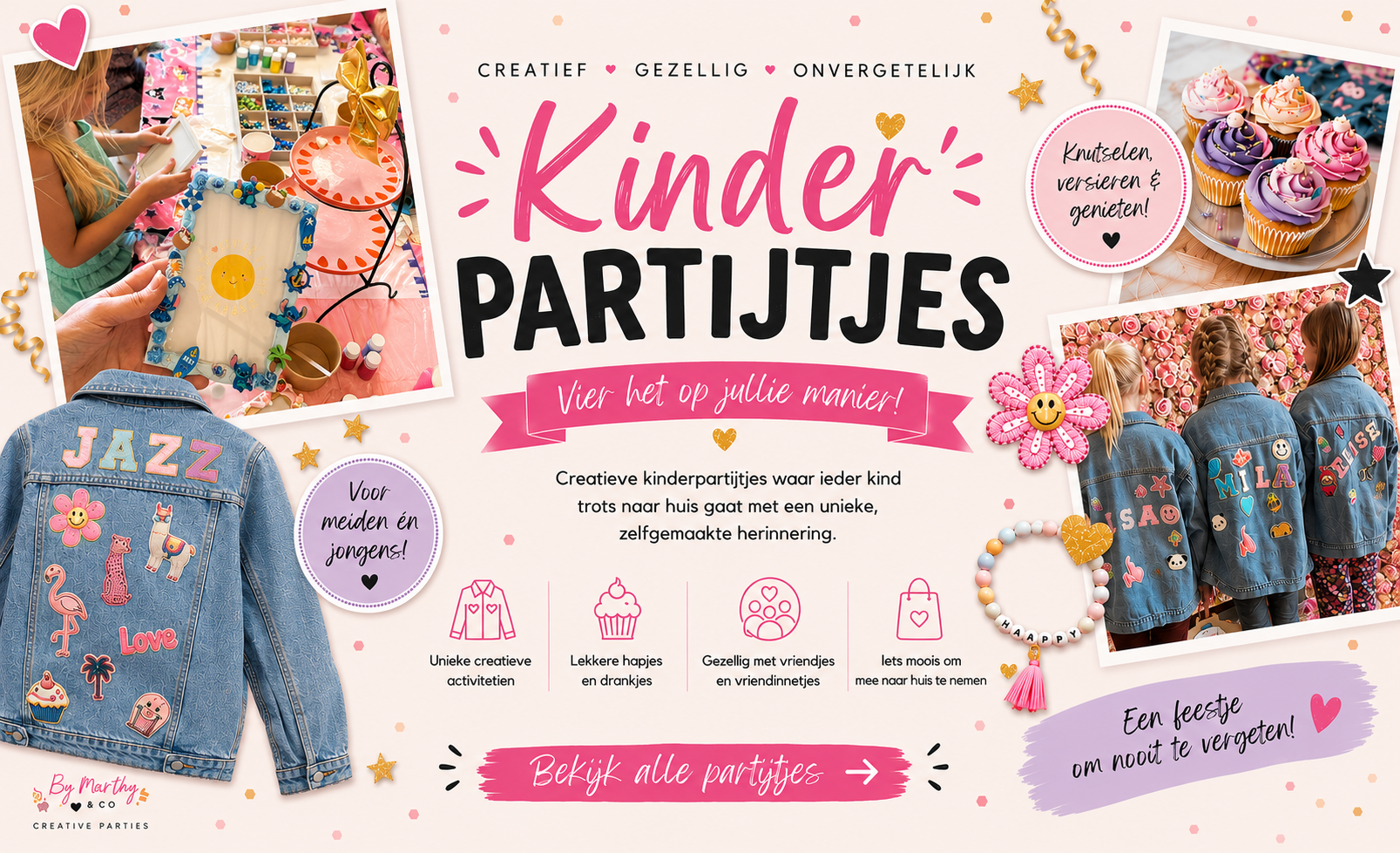 Creatieve kinderpartijtjes bij By Marthy & Co met spijkerjasjes versieren, Decoden, cupcakes versieren en armbandjes maken.