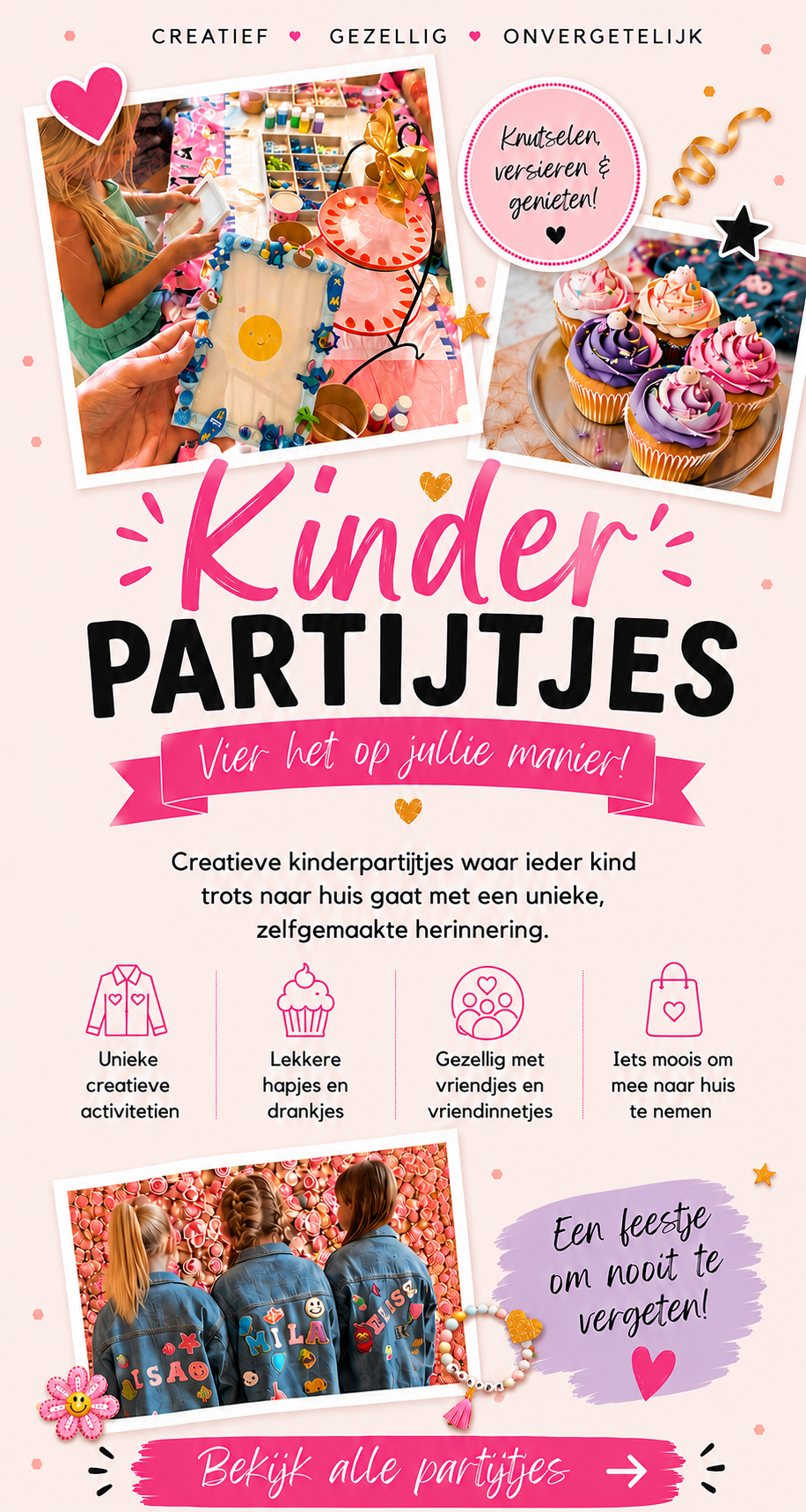 Creatieve kinderpartijtjes bij By Marthy & Co in Loosdrecht met spijkerjasjes versieren, Decoden, cupcakes versieren en armbandjes maken.