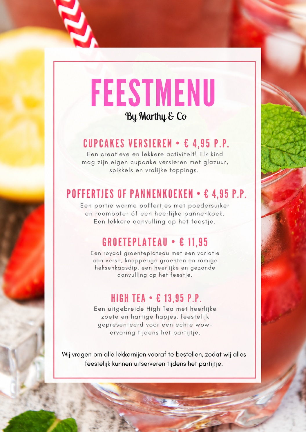 Feestmenu voor kinderfeestjes met cupcakes, poffertjes of pannenkoeken, groenteplateau en high tea