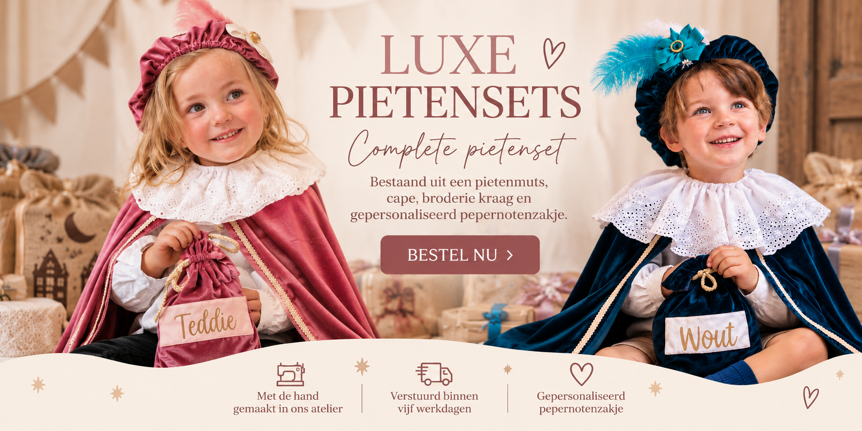 Luxe pietensets oudroze en petrol met cape, broderie kraag, pietenmuts en gepersonaliseerd pepernotenzakje