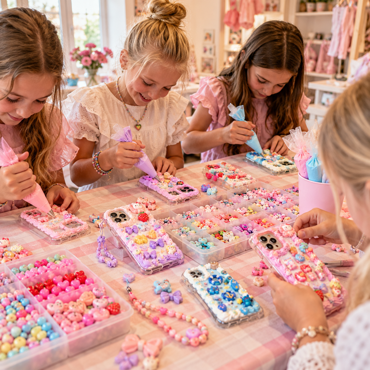 Kinderen versieren telefoonhoesjes met Decoden en harssteentjes tijdens een creatief kinderfeestje